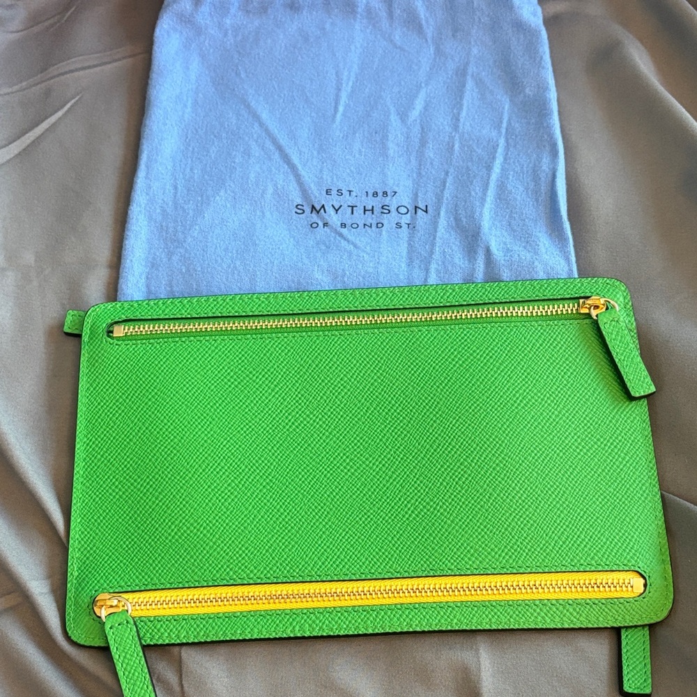 Smythson Vibrant Green Clutch with Gold Accents